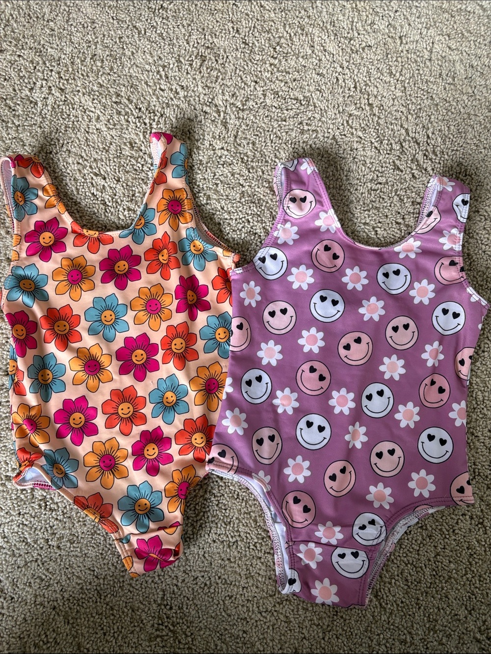 Set of 2 Toddler Floral & Smiley One-Piece Swimsuits - Pink & Peach -2T